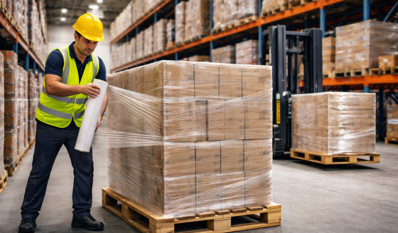 Worker securing pallet with stretch film