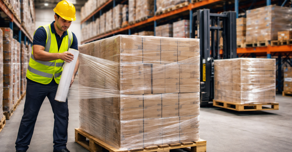 Worker securing pallet with stretch film