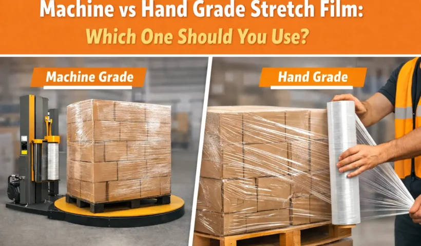 Machine grade vs hand grade stretch film comparison showing pallet wrapping methods for industrial packaging