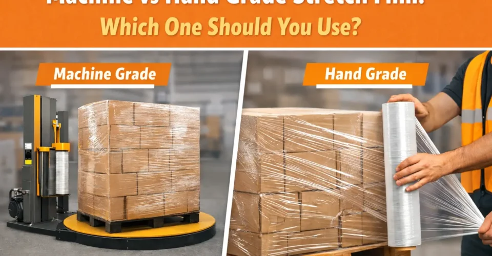 Machine grade vs hand grade stretch film comparison showing pallet wrapping methods for industrial packaging