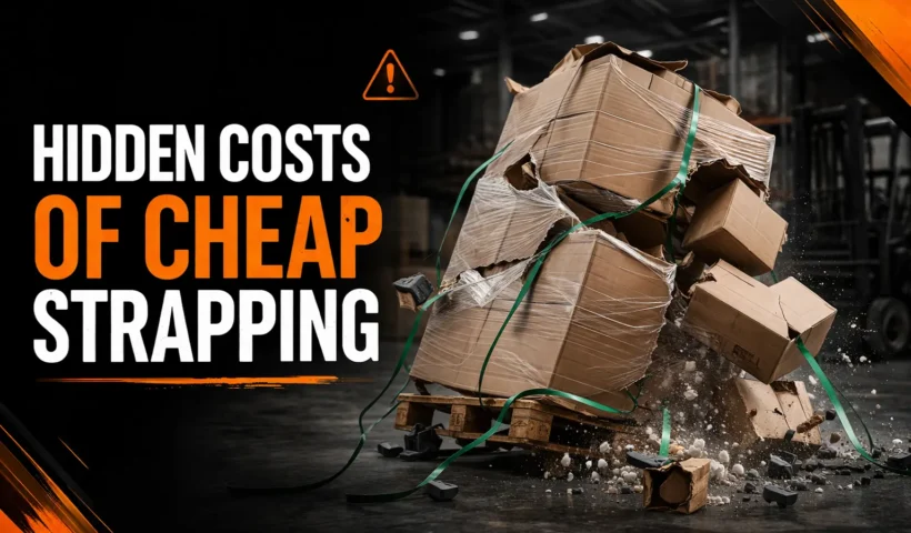 damaged pallet due to weak strapping causing load failure during transport