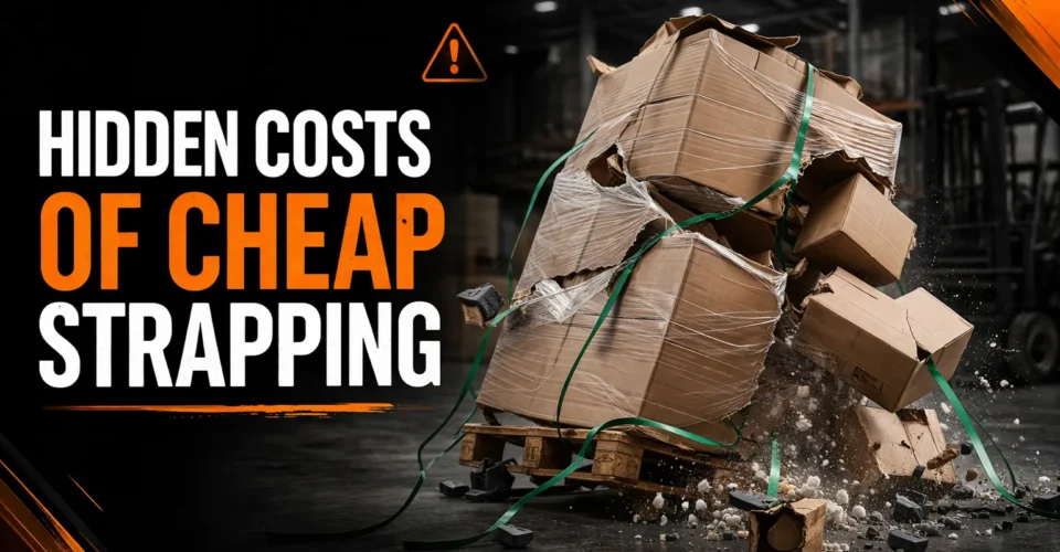 damaged pallet due to weak strapping causing load failure during transport