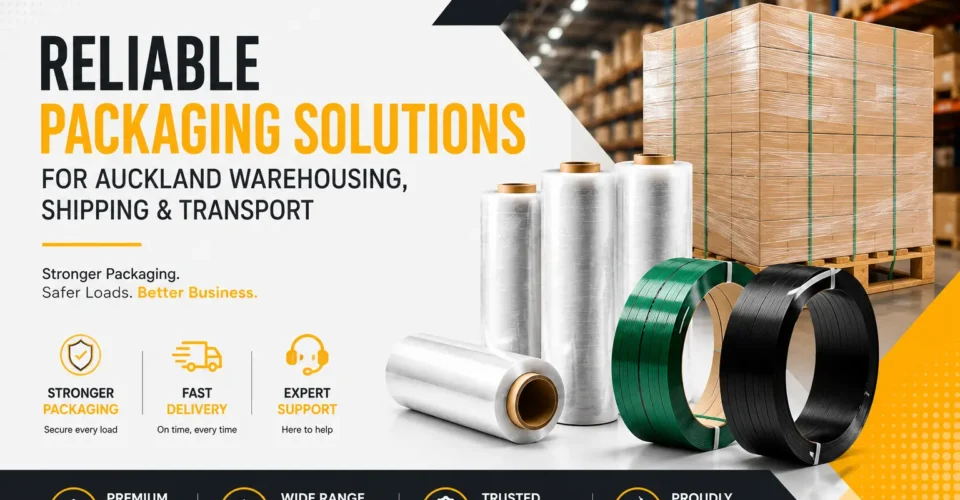 Reliable custom packaging solution for Auckland warehousing, shipping, and transport operations featuring stretch film, PET strapping, and pallet protection systems.