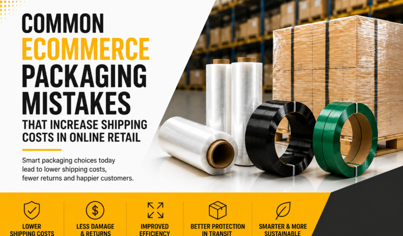 Ecommerce packaging mistakes hero image with stretch film, PP strapping, PET strapping, cartons, and warehouse packaging supplies.