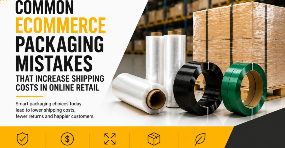 Ecommerce packaging mistakes hero image with stretch film, PP strapping, PET strapping, cartons, and warehouse packaging supplies.