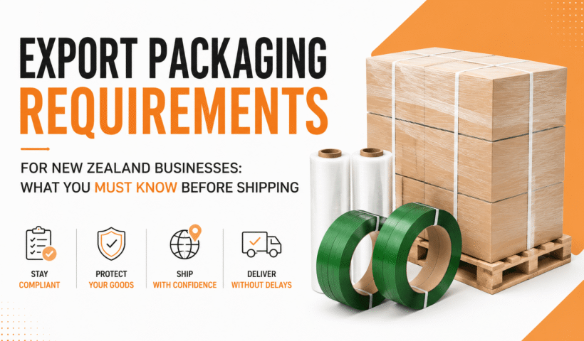 Export packaging requirements in New Zealand with PET strapping, stretch film, pallet wrap, and export pallet packaging solutions for international shipping and freight compliance.