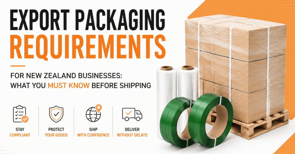Export packaging requirements in New Zealand with PET strapping, stretch film, pallet wrap, and export pallet packaging solutions for international shipping and freight compliance.