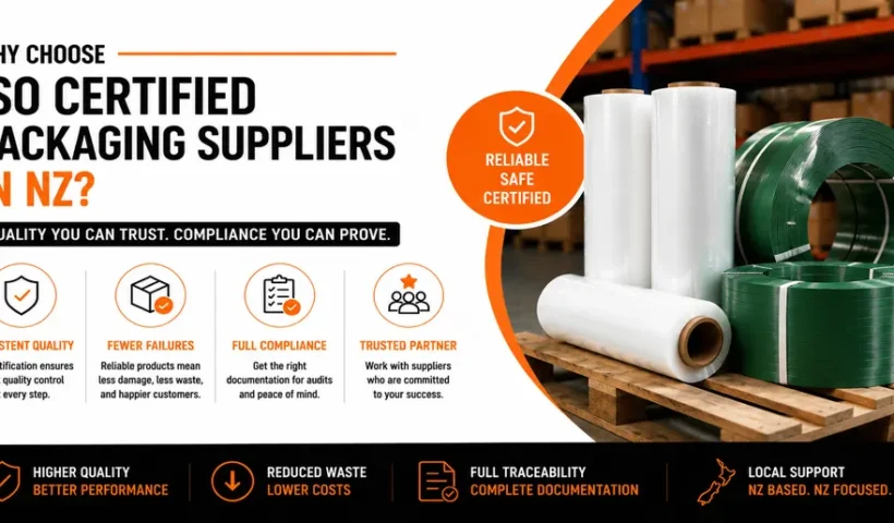 ISO certified packaging supplies Auckland warehouse worker securing pallet with PET strapping