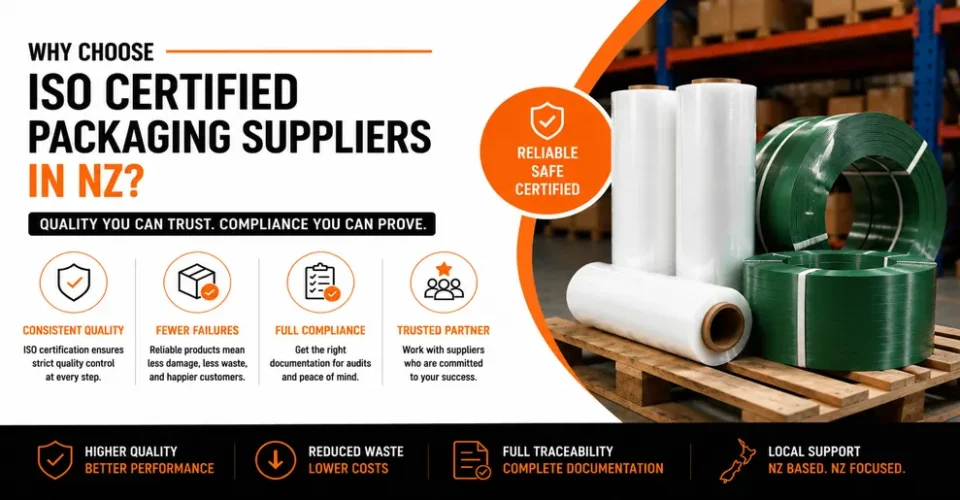 ISO certified packaging supplies Auckland warehouse worker securing pallet with PET strapping