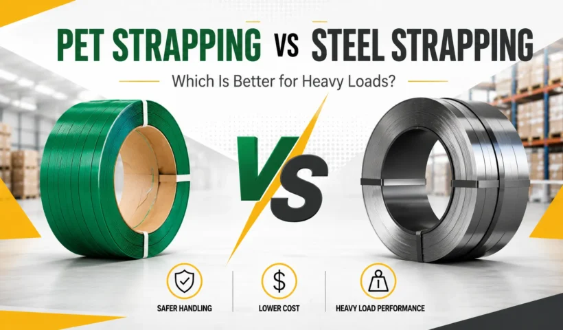 PET strapping vs steel strapping comparison showing heavy-duty packaging straps, safer handling, lower cost, and load security benefits.