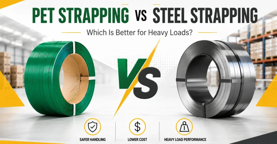 PET strapping vs steel strapping comparison showing heavy-duty packaging straps, safer handling, lower cost, and load security benefits.