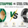 PET strapping vs steel strapping comparison showing heavy-duty packaging straps, safer handling, lower cost, and load security benefits.