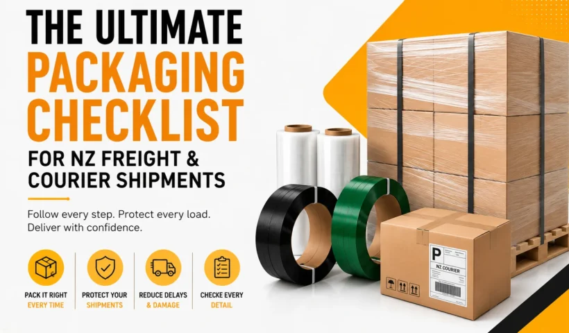 Packaging checklist for NZ courier and freight shipments with cartons, pallets, PET strapping and stretch film