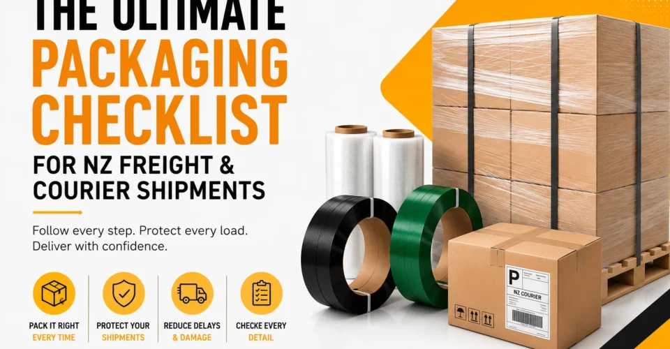 Packaging checklist for NZ courier and freight shipments with cartons, pallets, PET strapping and stretch film