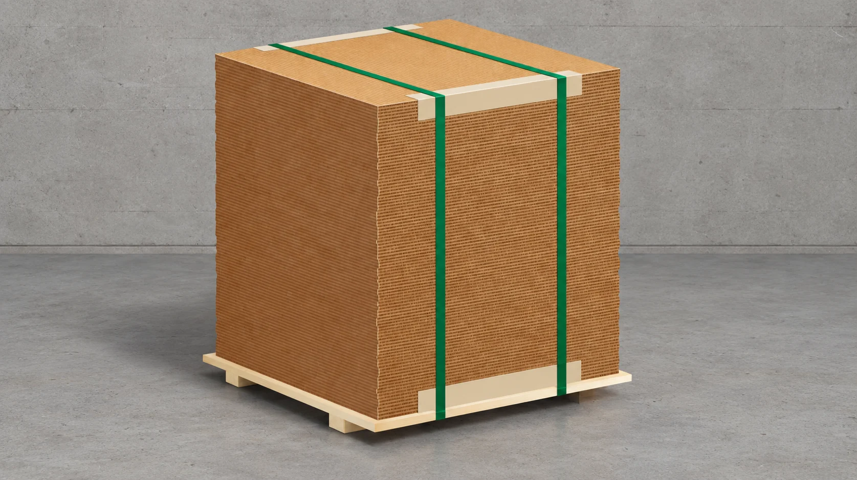 Strapping Corner Protectors securing palletised cardboard sheets with green strapping bands.
